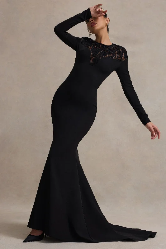 ladies-maxi-dress-forest-finesse-Campbell | Black Long-Sleeve Maxi Dress With Lace Detail