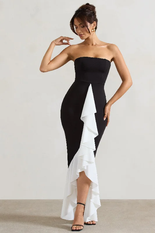 ladies-maxi-dress-sleeveless-flow-Carbonne | Black & White Bandeau Ruffled Maxi Dress