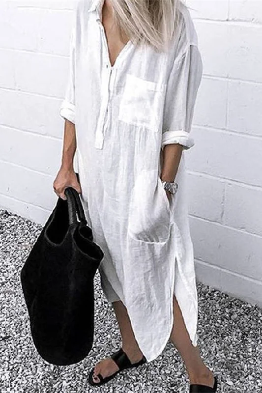 Women's shirt dress flare pop -Elegant Solid Color Slit Shirt Dress