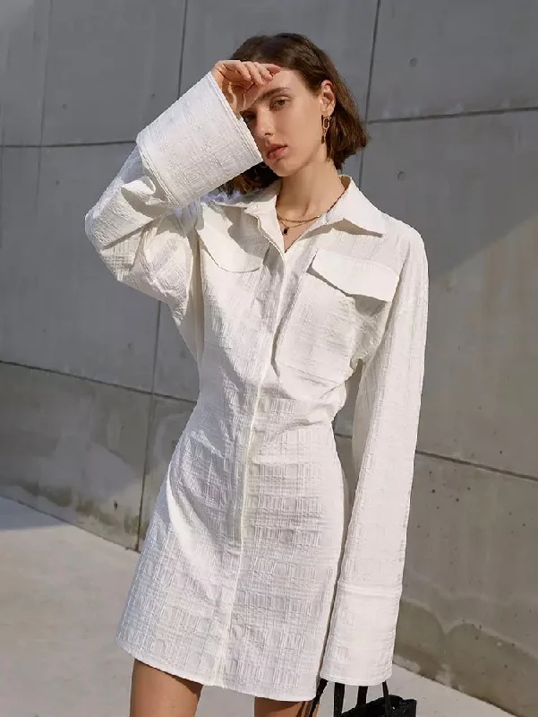 Women's shirt dress tidy glow -Long Flare Sleeve Gathered Waist Minimalist Shirt Dress For Women