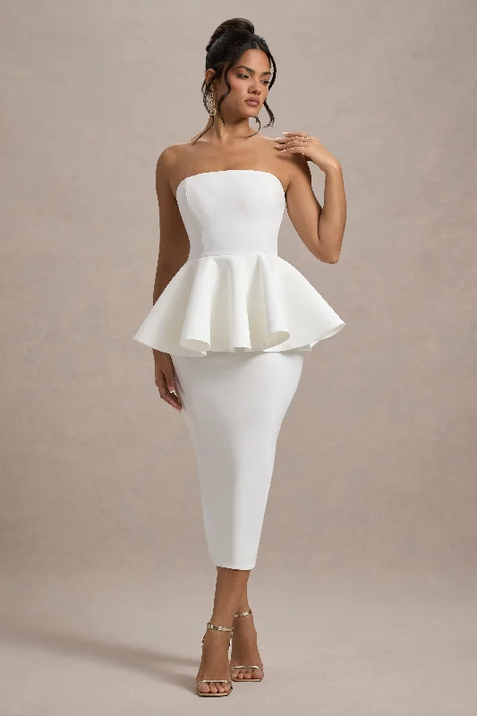 ladies-midi-dress-coffee-calm-First Dance | White Bandeau Peplum Midi Dress