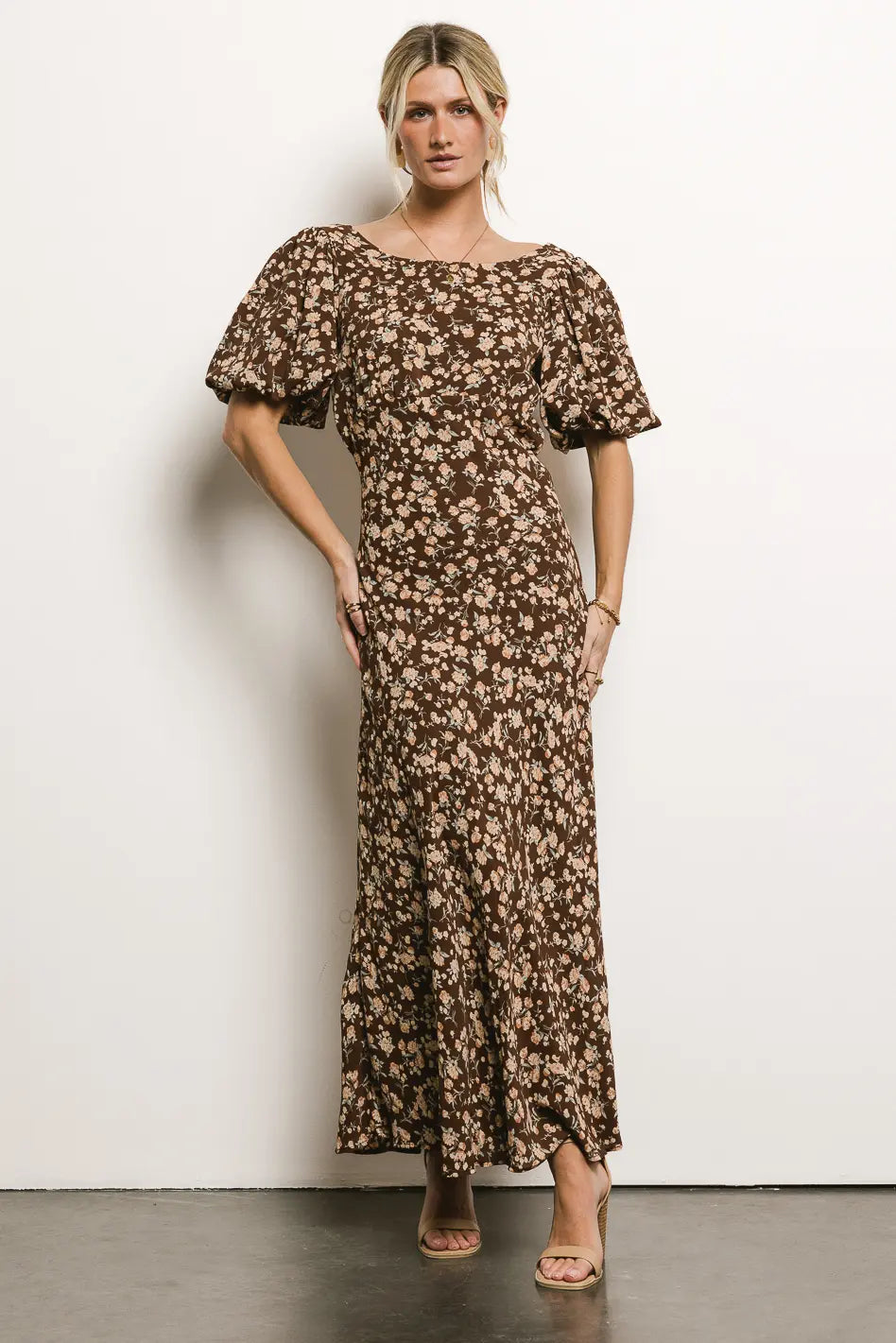 ladies-floral-dress-cowl-cosmos-Zuri Floral Dress in Mocha