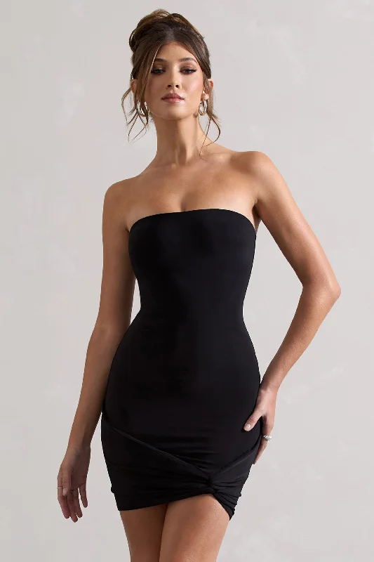 Women's mini dress warm flair -Jamie | Black Strapless Mini Dress With Knot Skirt