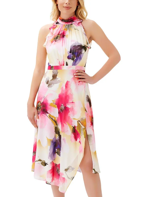 ladies-floral-dress-tulle-thyme-Womens Floral Print Mid Calf Halter Dress