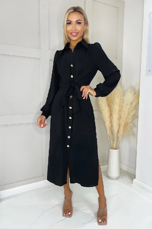 Women's shirt dress drop chic -Black Button Front Tie Midi Shirt Dress