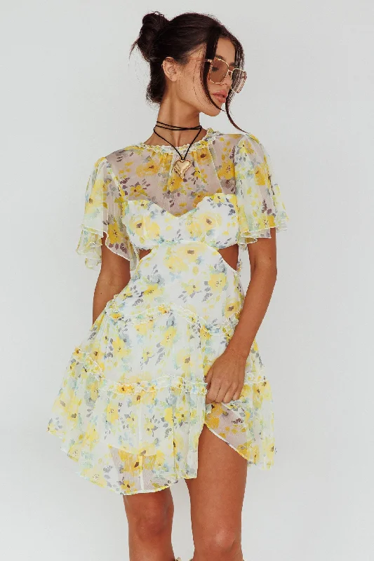 ladies-floral-dress-limited-lily-Tres Chic Flutter Sleeve Cut-Out Dress Floral Yellow