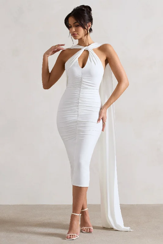 ladies-midi-dress-forest-finesse-Freedom | White Strappy Asymmetric Cut-Out Midi Dress With Cape