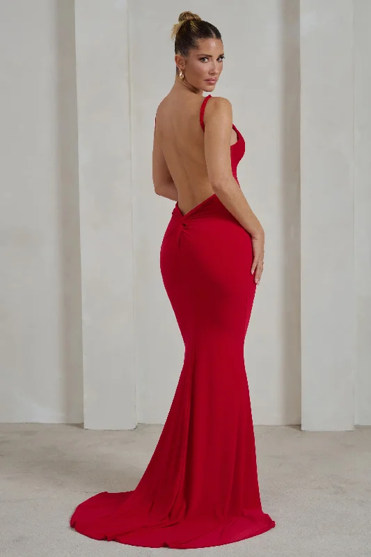 ladies-maxi-dress-dance-drape-Endless Love | Red Backless Knot Detail Fishtail Maxi Dress