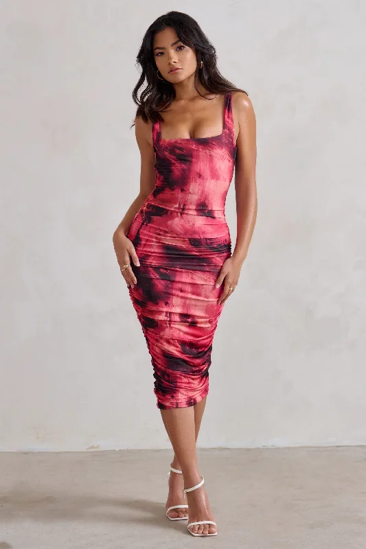 ladies-midi-dress-timeless-tide-Lisbon | Pink Printed Square Neck Ruched Midi Dress