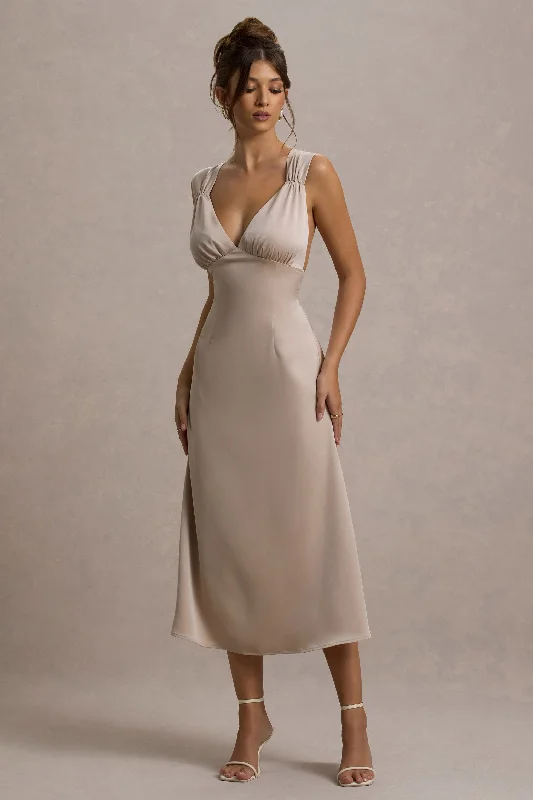 ladies-midi-dress-heather-harmony-Beck | Champagne Satin Plunge-Neck Cross-Back Midi Dress