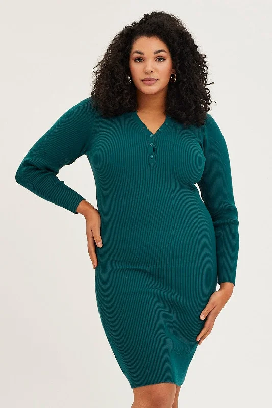 ladies-bodycon-dress-smocked-slim-Blue Midi Knit Bodycon Dress V-neck Long Sleeve