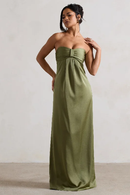 ladies-maxi-dress-slim-sway-April | Olive Green Satin Sweetheart Maxi Dress