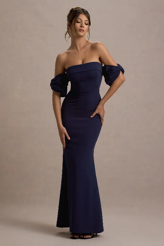 ladies-maxi-dress-sophisticated-sway-Alaine | Navy Bardot Maxi Dress With Bow Sleeves