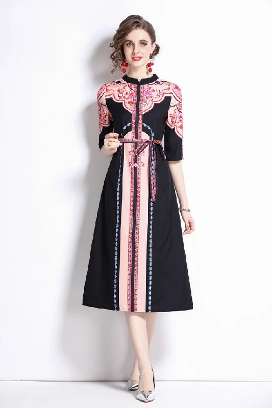 ladies-midi-dress-playful-prance-Black & Pink A-line Crewneck Elbow Sleeve Midi Printed Dress