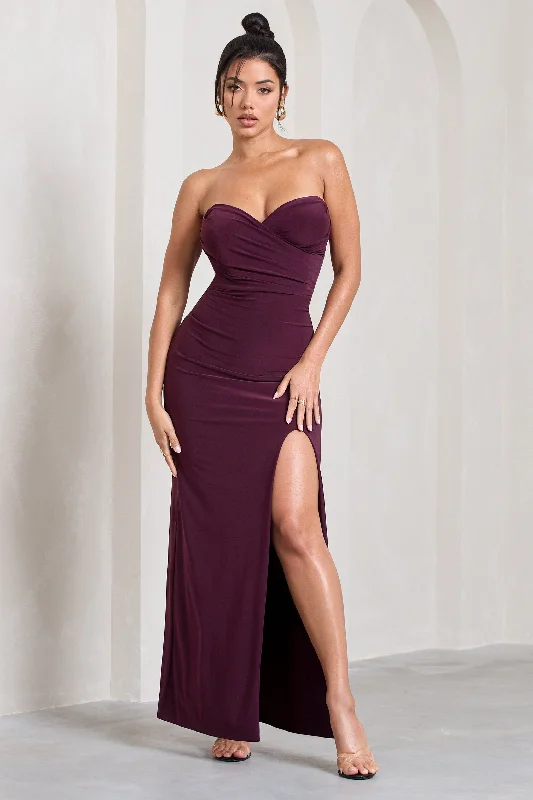 ladies-maxi-dress-flirty-flow-Dynamite | Plum Pleated Bodice Split Maxi Dress