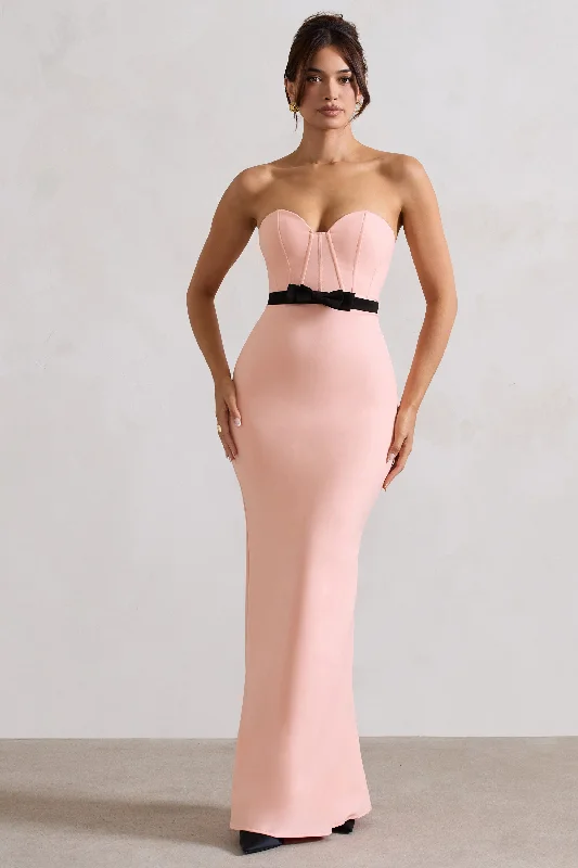 ladies-maxi-dress-flattering-flow-Albi | Pink Structured Strapless Corset Maxi Dress With Bow