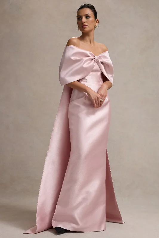 ladies-maxi-dress-tall-treasure-Wanting More | Pink Satin Cape Maxi Dress With Oversized Bow