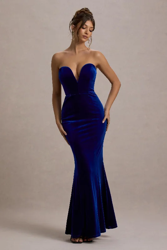 ladies-maxi-dress-tangerine-tide-Pacifica | Cobalt Velvet Plunge-Neck Strapless Maxi Dress