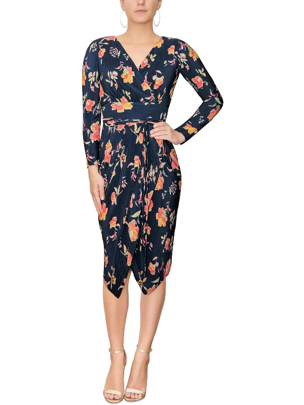 ladies-floral-dress-feminine-flower-Womens Floral Print Mid Calf Wrap Dress