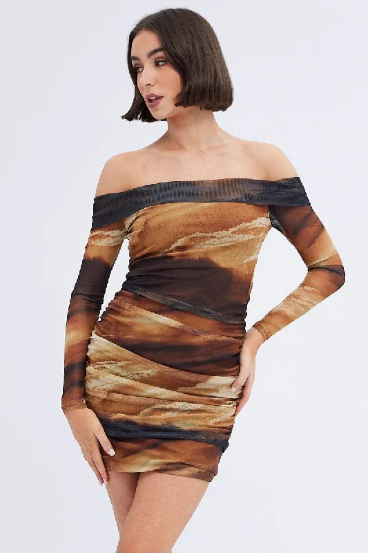 ladies-bodycon-dress-social-sleek-Brown Abstract Mini Dress Bardot Off Shoulder Bodycon Ruched