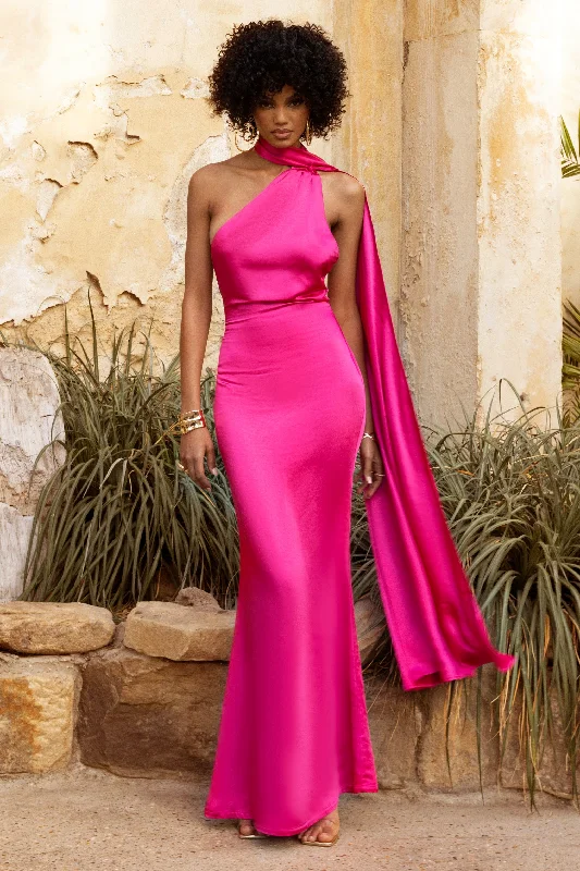 ladies-maxi-dress-autumn-aura-Mademoiselle | Hot Pink Asymmetric Scarf Neck Backless Maxi Dress