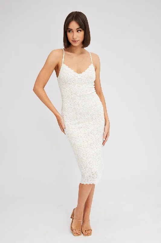 ladies-bodycon-dress-striped-sleek-White Midi Dress Sleeveless V-Neck Bodycon Lace Stretch