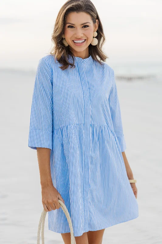 Women's shirt dress net chic -No Worries Blue Striped Shirt Dress