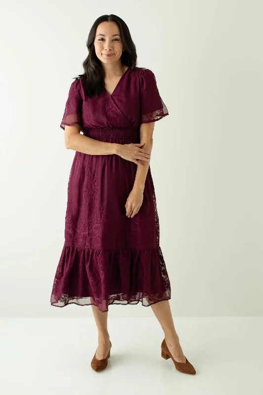 ladies-midi-dress-smocked-sway-'Daphne' Surplice Embroidered Chiffon Midi Dress in Plum