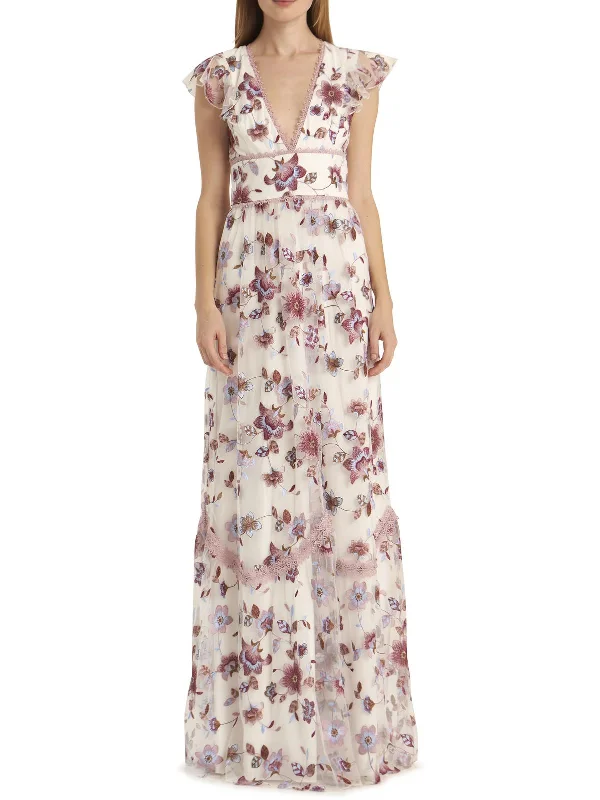 ladies-floral-dress-flattering-flower-Womens Floral Embroidered Evening Dress