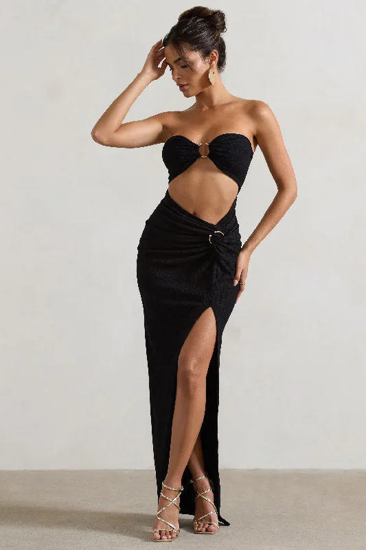 ladies-maxi-dress-lace-luster-Cancun | Black Crinkle Strapless Cut-Out Maxi Dress With Twist