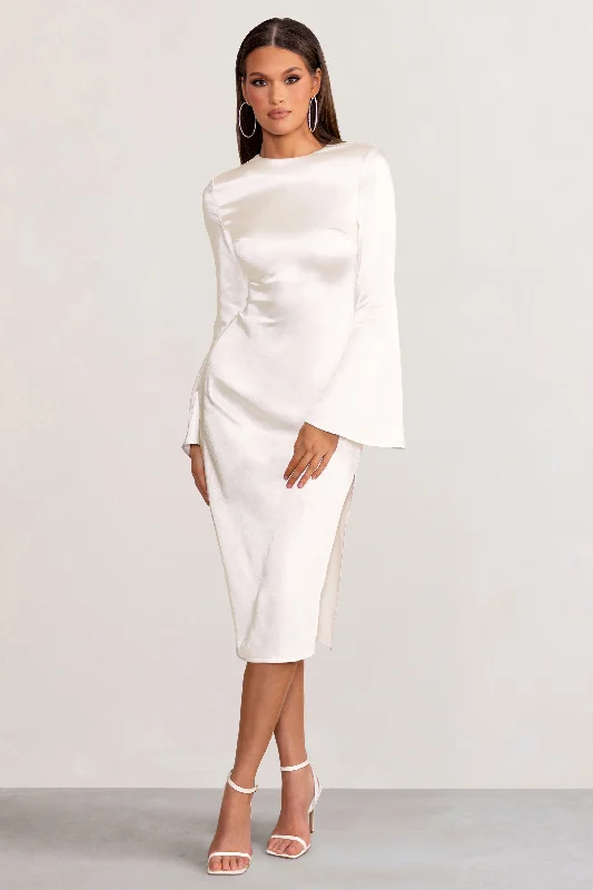 ladies-midi-dress-tall-treasure-Zaina | White Long Sleeve Midi Dress with High Neckline