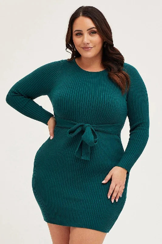 ladies-bodycon-dress-chartreuse-chic-Green Bodycon Dress Long Sleeve Knit Waist Tie