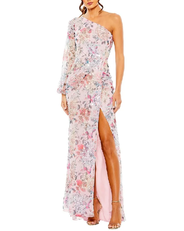 ladies-floral-dress-delicate-dahlia-Mac Duggal Sequined Floral Print One-Sleeve Faux Wrap Gown