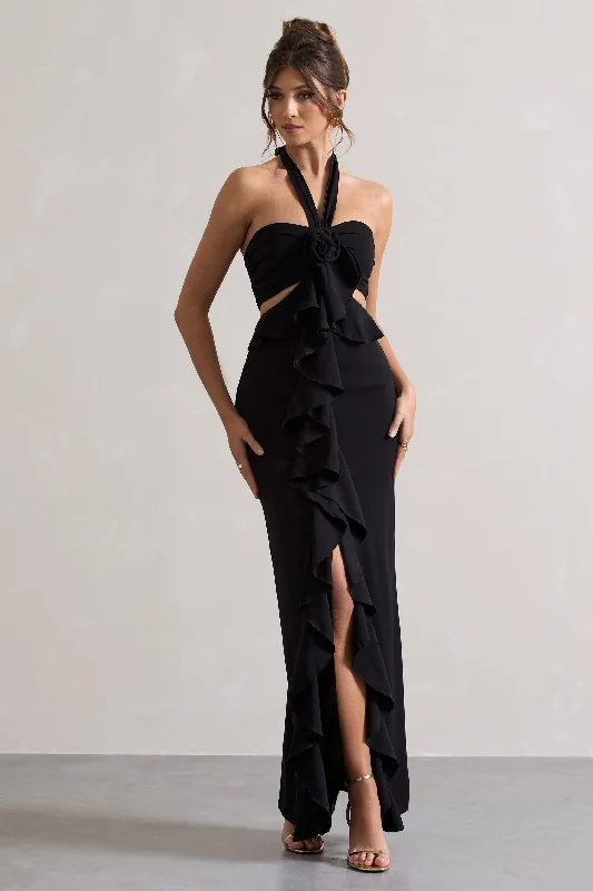 ladies-maxi-dress-geometric-glow-Powerful | Black Cut-Out Halter-Neck Maxi Dress With Flower & Ruffles