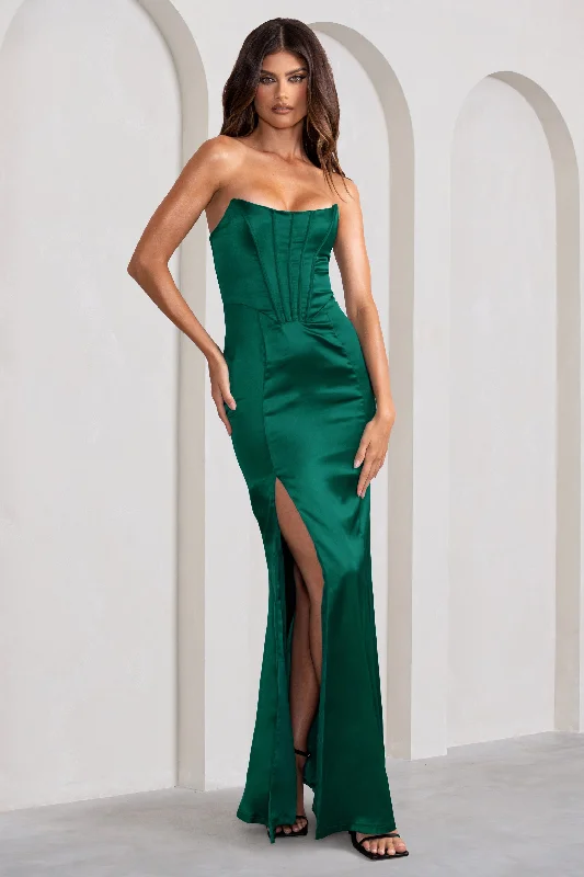 ladies-maxi-dress-bell-sleeve-bliss-Sensual Notes | Bottle Green Satin Strapless Corset Thigh Split Fishtail Maxi Dress