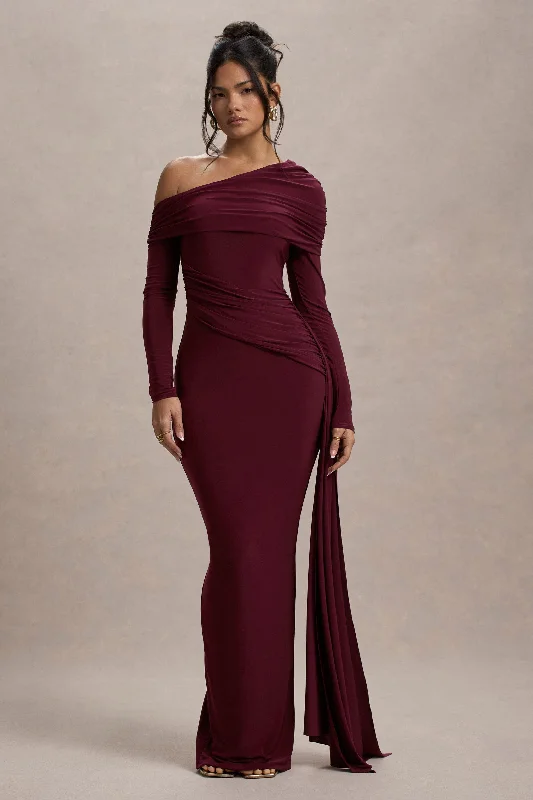 ladies-maxi-dress-maternity-majesty-Valina | Burgundy Ruched Asymmetric Maxi Dress With Drape