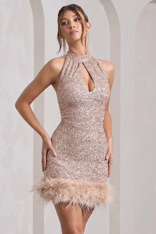 Women's mini dress snug pop -Tillie | Champagne Sequin High Neck Trapeze Mini Dress With Feather Hem Detail