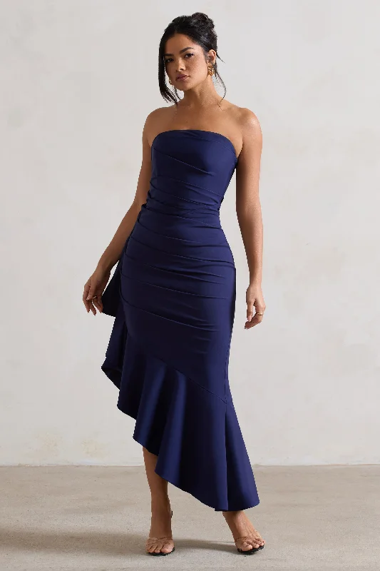 ladies-maxi-dress-animal-accent-New Age | Navy Strapless Asymmetric Ruffled Maxi Dress