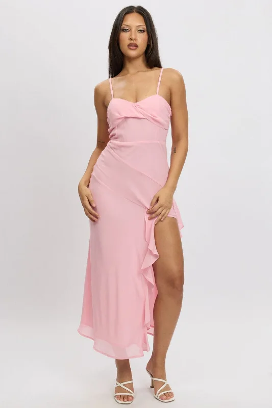 ladies-bodycon-dress-maternity-mold-Pink Bodycon Dress Maxi Ruffle Slit Chiffon