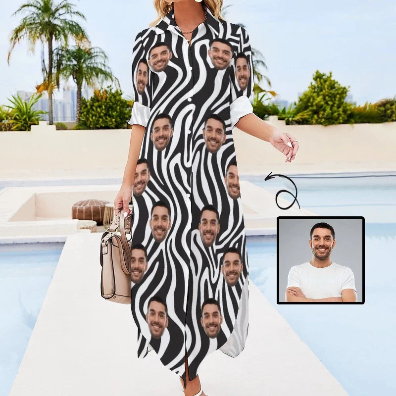 Women's shirt dress knot flair -Custom Face Button Down Longline Shirts Zebra Women's Long Sleeved Shirt Dress Casual Loose Maxi Dresses