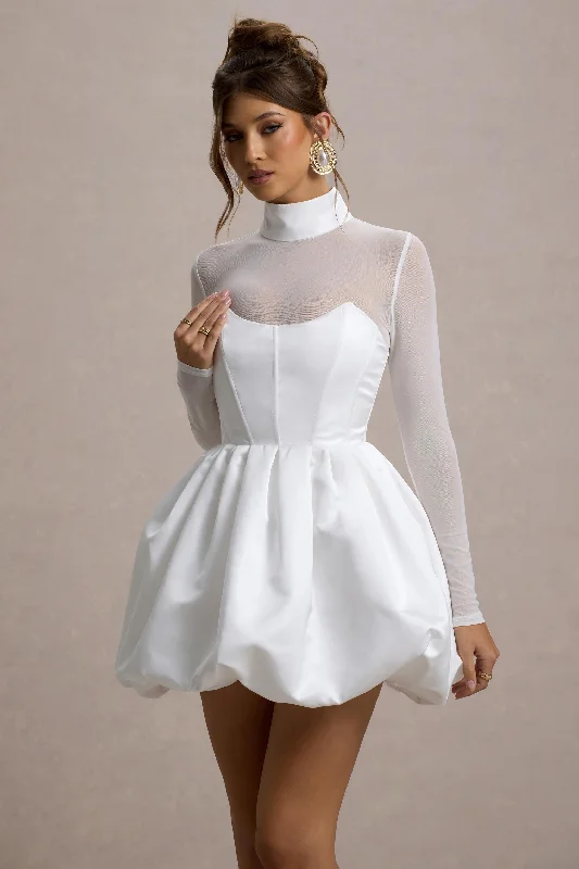 Women's mini dress desk pop -Tinkerbell | White Satin Long-Sleeve Puffball Mini Dress