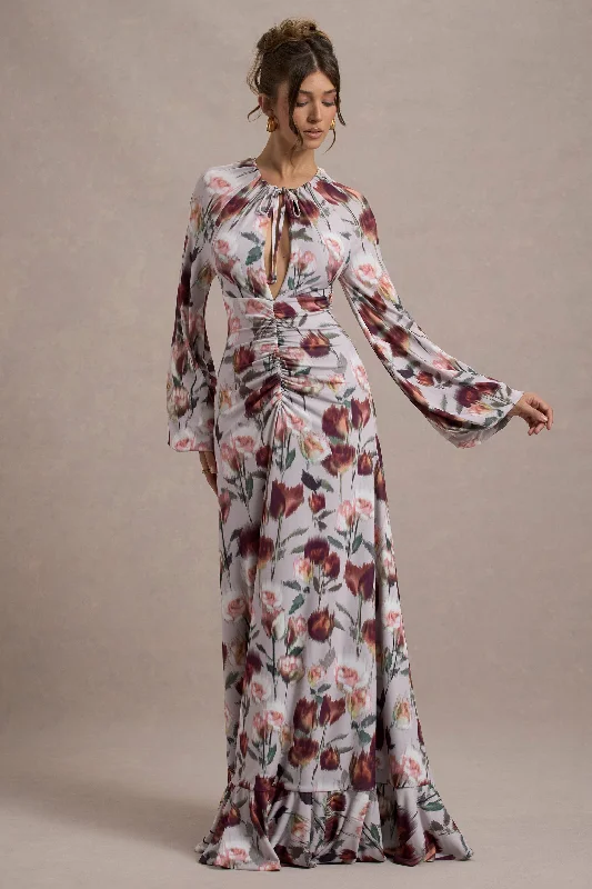 ladies-maxi-dress-satin-sweep-Althena | Cream Floral Print Balloon-Sleeve Maxi Dress