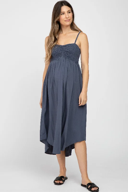 ladies-midi-dress-glam-gleam-Navy Maternity Smocked Maternity Midi Dress