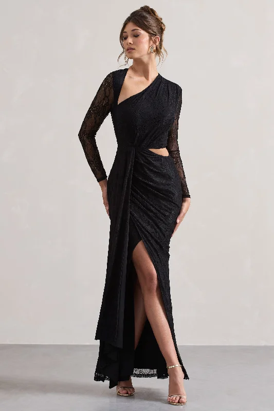 ladies-maxi-dress-shimmer-sweep-Chantilly | Black Lace Asymmetric Cut-Out Draped Maxi Dress