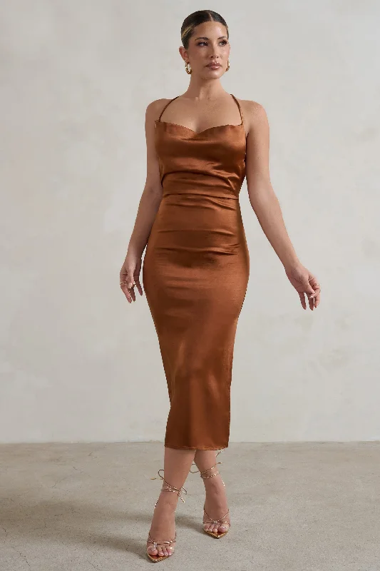 ladies-midi-dress-shift-simplicity-Aja | Copper Cowl Cami Midi Dress With Waist Tie