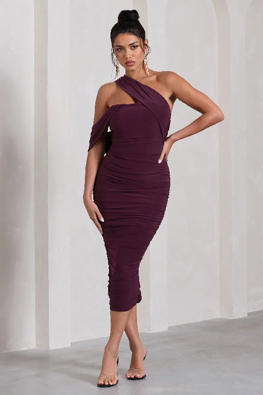 ladies-midi-dress-navy-nimbus-Cici | Plum Asymmetric One Shoulder Ruched Midi Dress