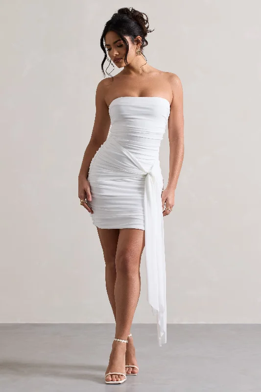 Women's mini dress sun chic -Jesse | White Ruched Mini Dress With Knot Detail