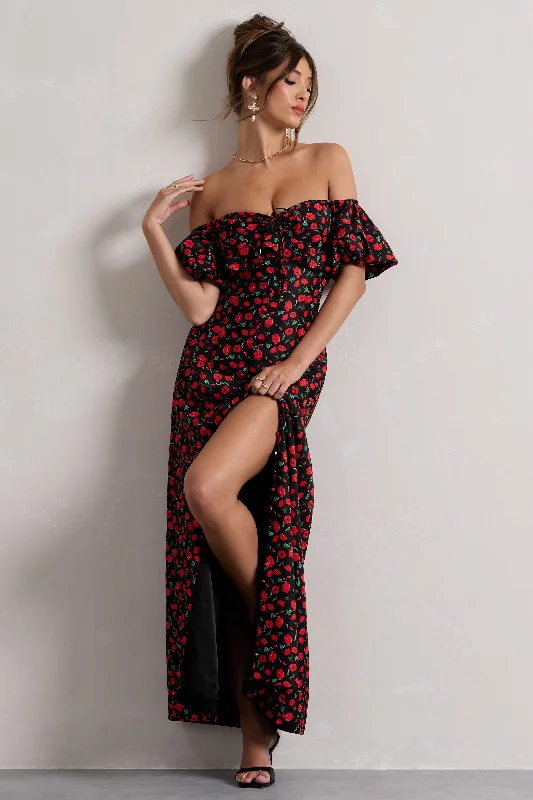 ladies-maxi-dress-modern-muse-Lenna | Black & Red Floral Bardot Buttoned Split Maxi Dress