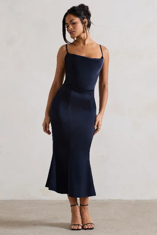 ladies-midi-dress-spring-sprout-Just A Moment | Navy Satin Cowl-Neck Midi Dress With Tie Waist