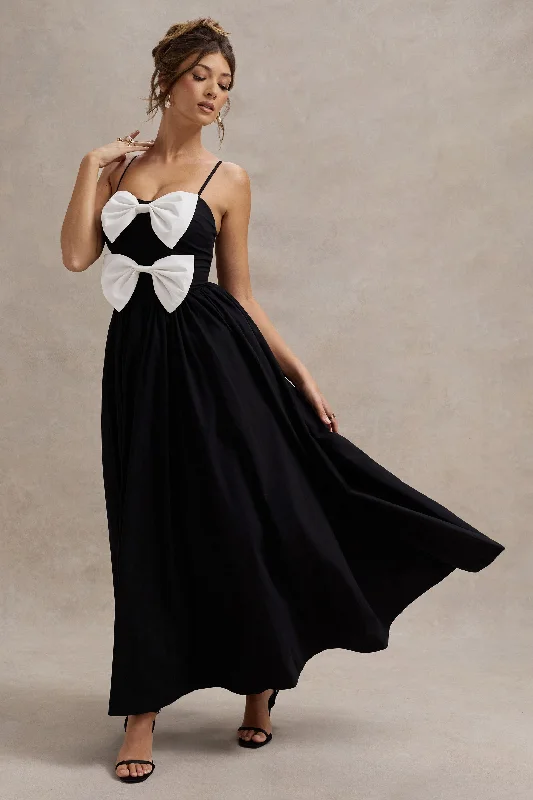 ladies-maxi-dress-pastel-peace-Loved Up | Black Strappy Pleated Maxi Dress With Bows